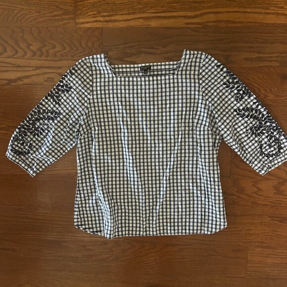 Talbots Navy Gingham Eyelet Trim Blouse Size XL Petite Square Neck 3/4 Sleeves - Picture 13 of 13